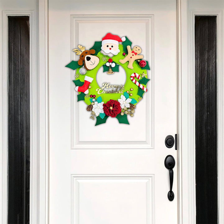 Santa, Reindeer & Gingerbread Felt LED Wreath For Christmas Decoration