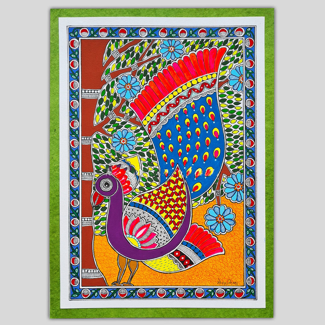 8 x 12 Inch | Peacock in Bloom | Original Hand Painted Madhubani Painting On Paper
