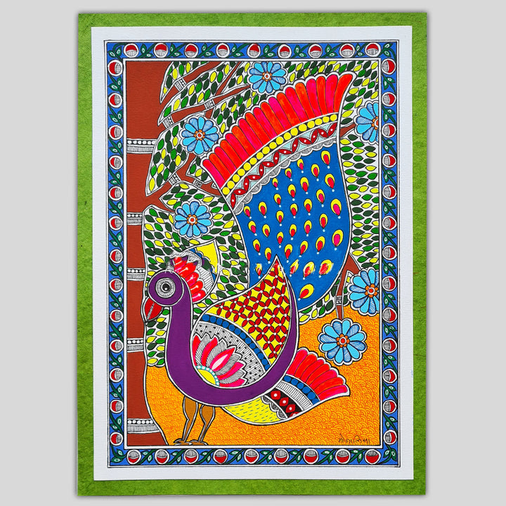 8 x 12 Inch | Peacock in Bloom | Original Hand Painted Madhubani Painting On Paper
