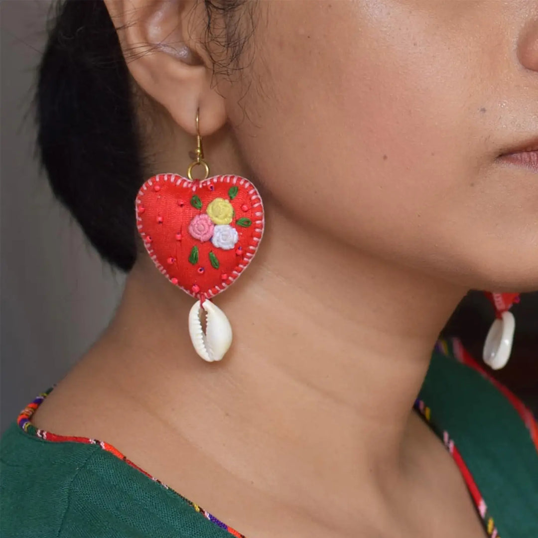 Handmade Textile Art Heart Shaped Dupion Silk Fabric Earrings