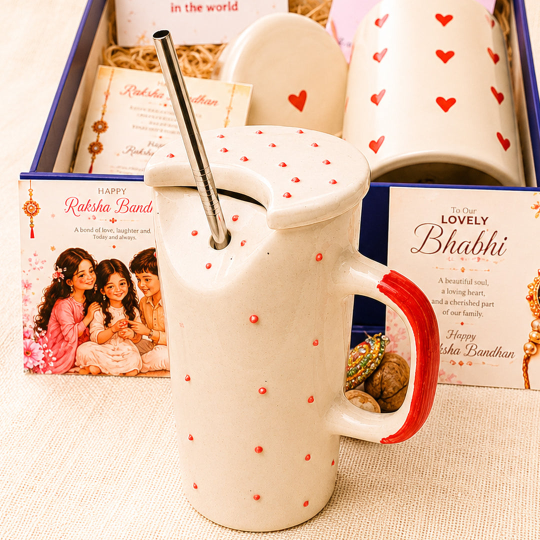 "Heartfelt Sibling Love" Jar Ceramic Rakhi Hamper With Red Sipper & Evil Eye Rakhi For Brother