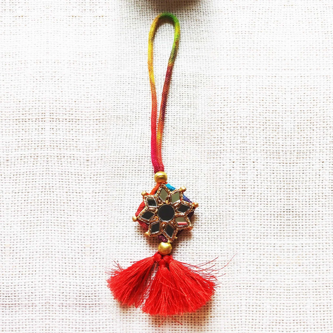 Handmade Mirror Work Beaded Silk Lumba Rakhi for Bhabhi With Roli Chawal