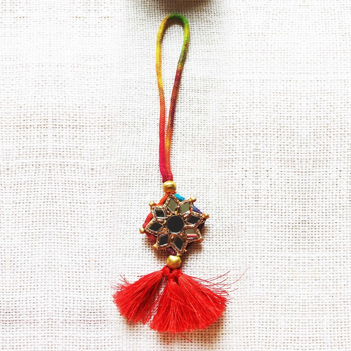 Handmade Mirror Work Beaded Silk Lumba Rakhi for Bhabhi With Roli Chawal