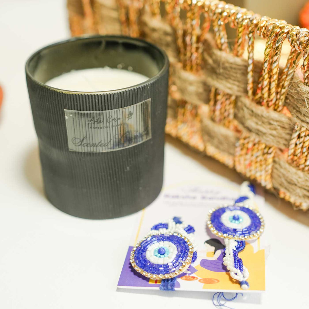 Personalized Handmade Rakhi Hamper | Includes 1 Basket, 1 Mug, 1 Candle, 1 Serving Bowl, 2 Rakhis, 1 Roli Chawal & 1 Message Card