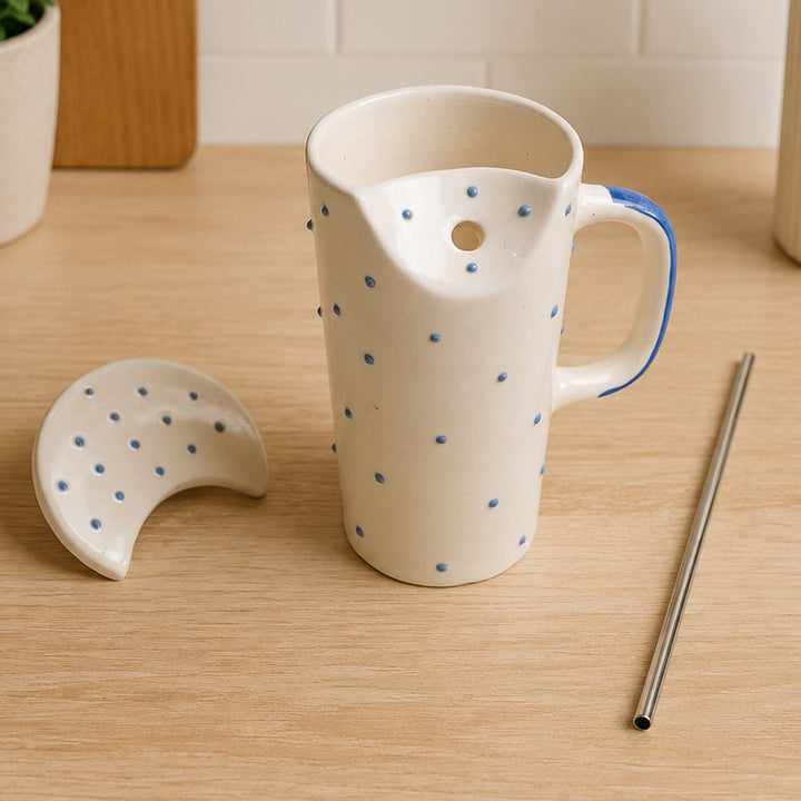 Blue Ceramic Sipper Rakhi Hamper With Steel Straw & Roli Chawal For Brother