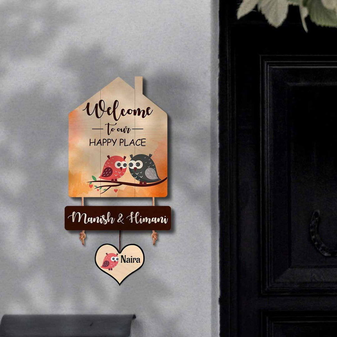 Printed Wooden House Shaped Owl Nameplate for Couples
