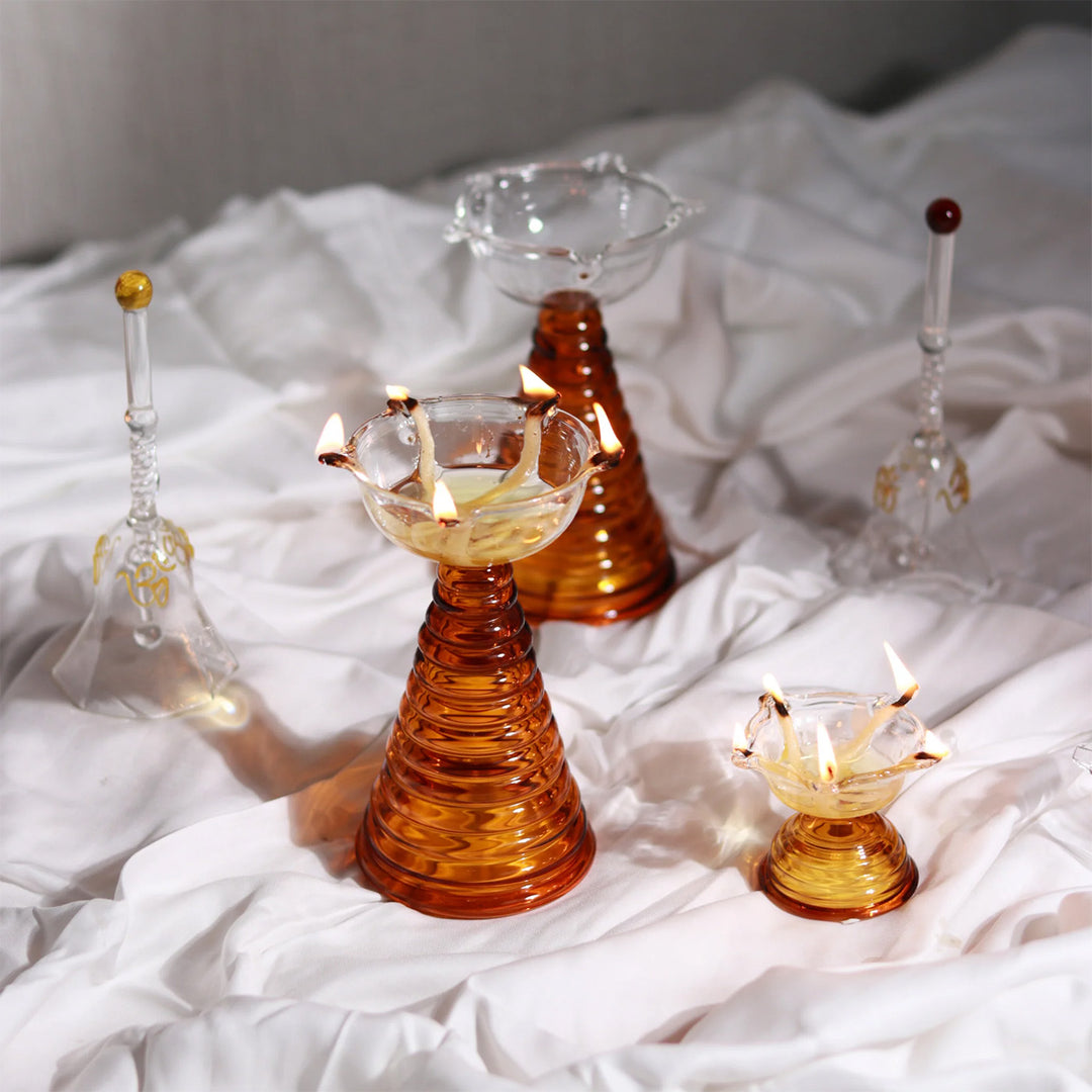 Handmade Amber Tall Borosil Glass Oil Lamp / Diya | 5.9 inch