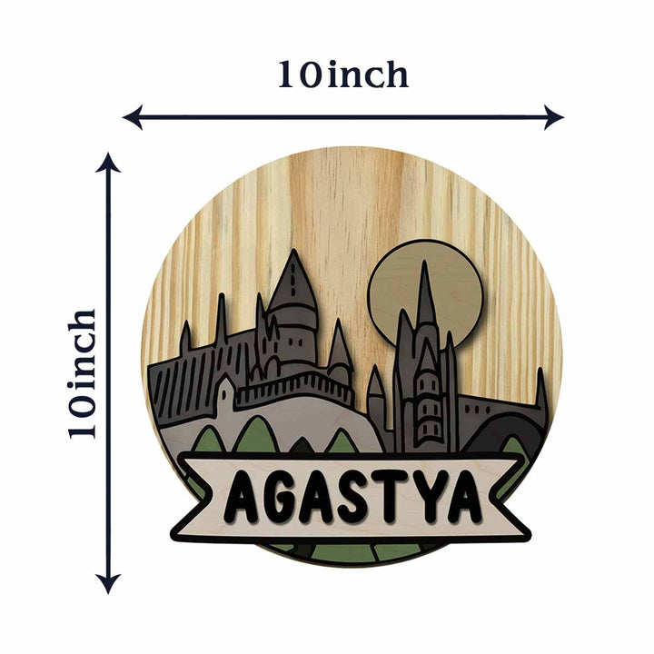 Kids Circular 3D Hogwarts Themed Nameplate With Lights - Front View with Dimensions