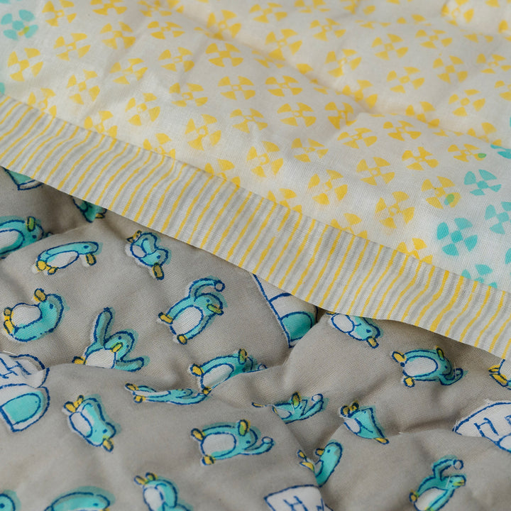 Blue Penguin Hand Block Printed Baby Quilt