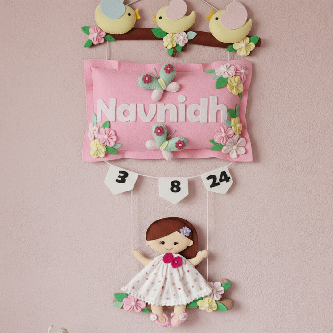 Hand-stitched Pillow & Bird Themed Felt Kids Nameplate with Swing