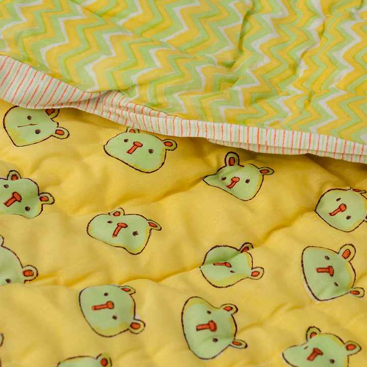 Green Panda Hand Block Printed Baby Quilt