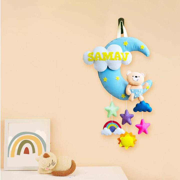 Personalized Teddy On Moon Theme Felt Kids Name Plate