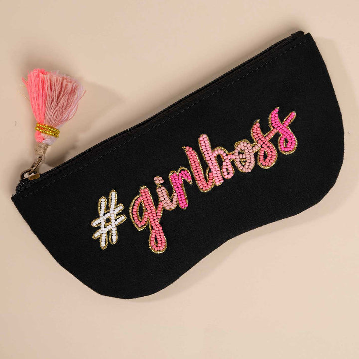 Handmade Embroidered Girlboss Design Suede Sunglass Cover