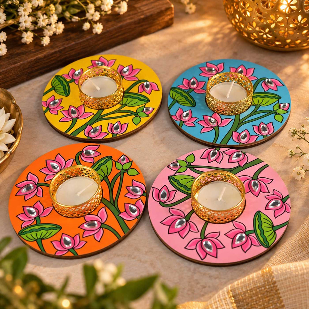 Set of 4 | Handcrafted Colourful Lotus Round Wooden Tealight Holders