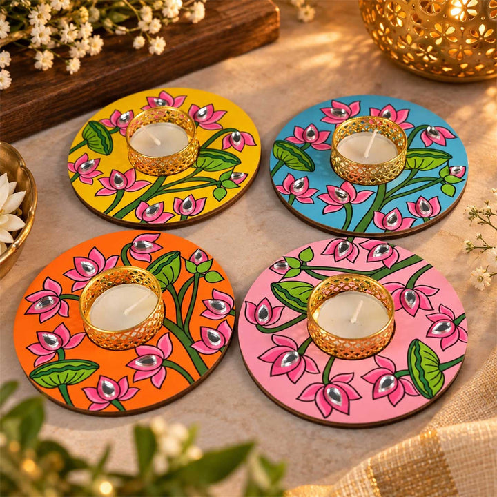 Set of 4 | Handcrafted Colourful Lotus Round Wooden Tealight Holders