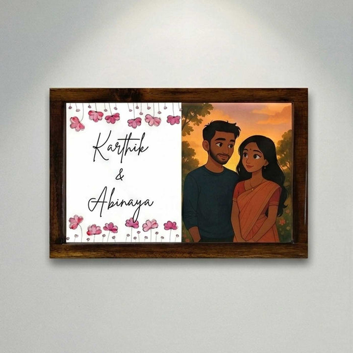 Couple With Floral Caricature Photo Personalized Resin Wooden Frame Name Plate