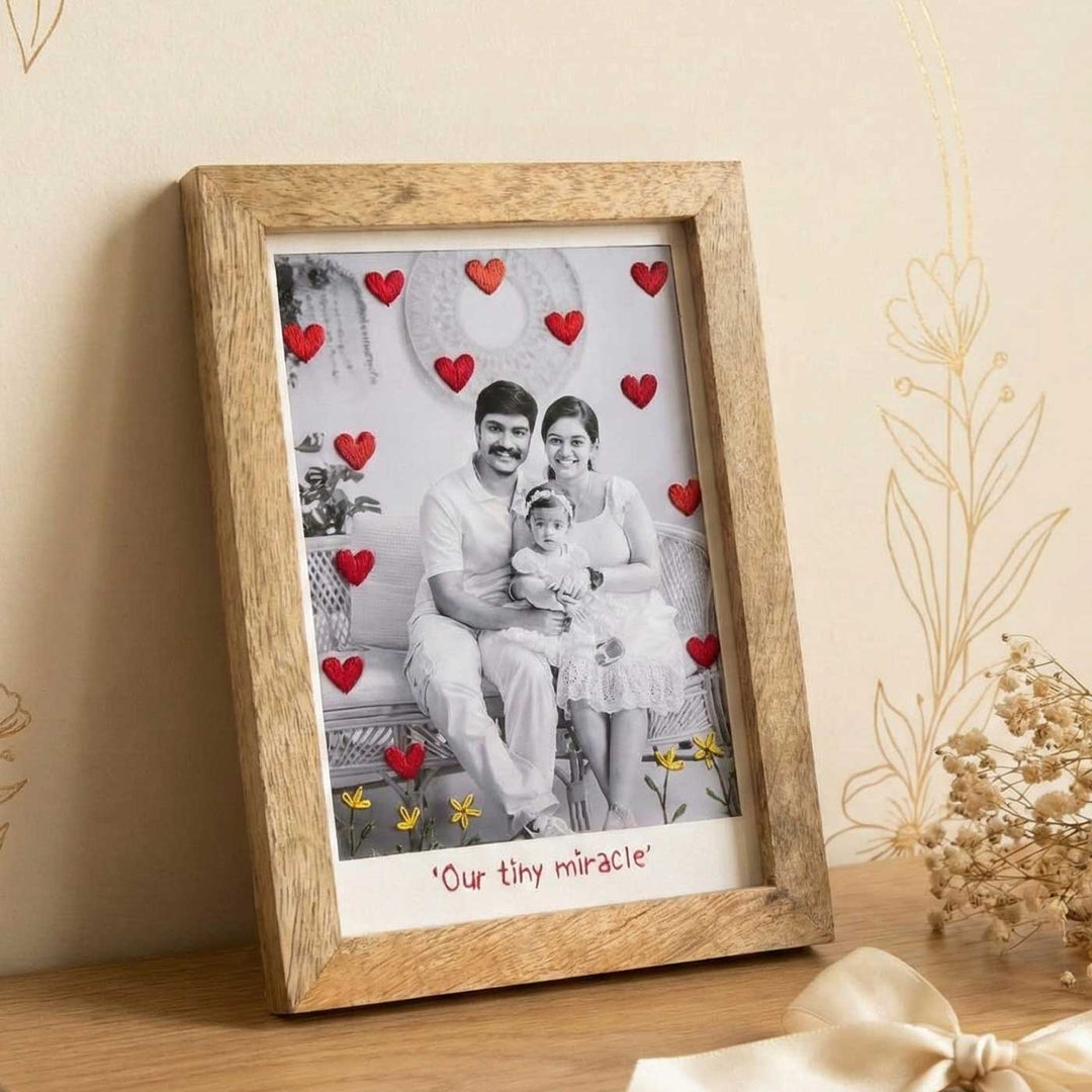 Hearts Design Hand Embroidered Photo With Wooden Frame