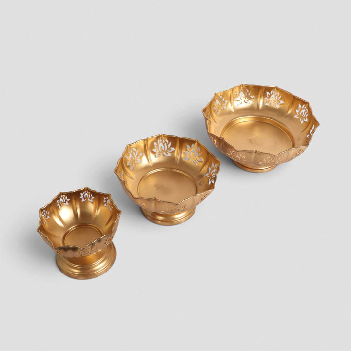 Set of 3 | Handmade Detachable Etched Lotus Cut Bowl Urli With Base For Festive Decor