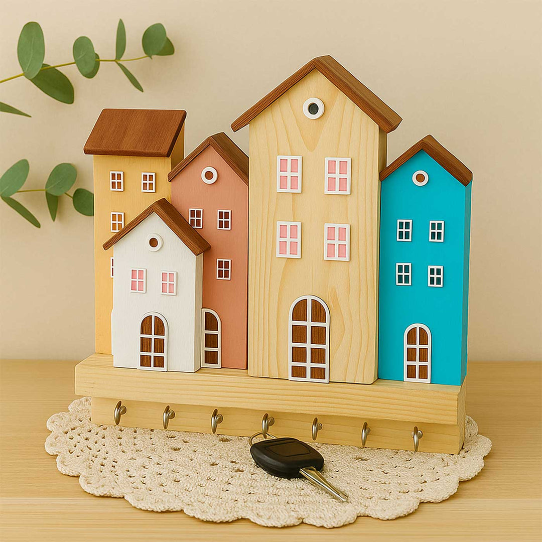 Stylish Miniature House Theme Wooden Key Holder | With 7 Hooks
