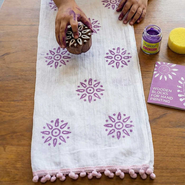 Purple Leaf Dupatta Block Print DIY Kit | Includes 1 White cotton dupatta, 1 Fabric paint, 1 Wooden block And 1 Sponge