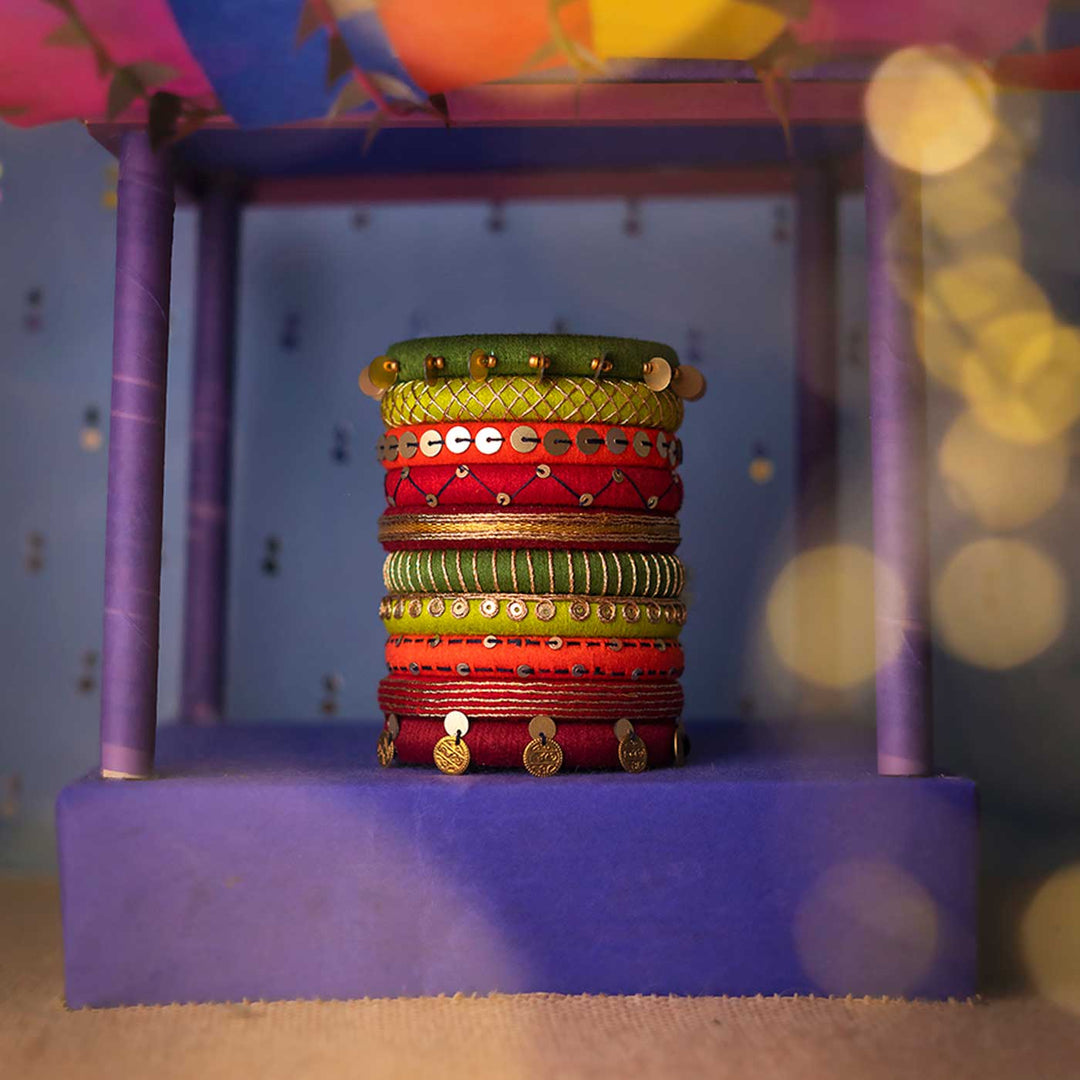 Multicolour Handcrafted Netra Sequence Work Bangles | Set of 10