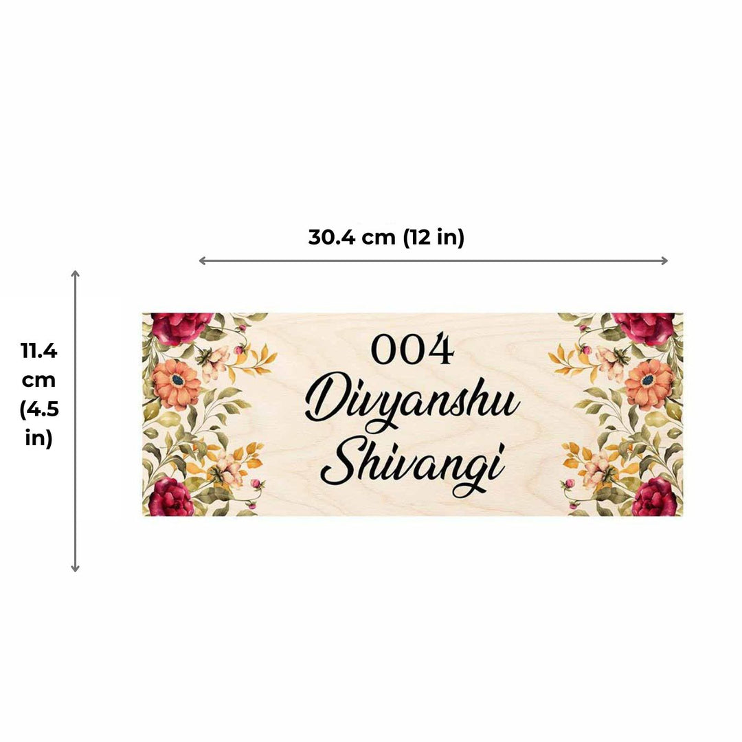 Printed Floral Wooden Rectangle Nameplate For Couples