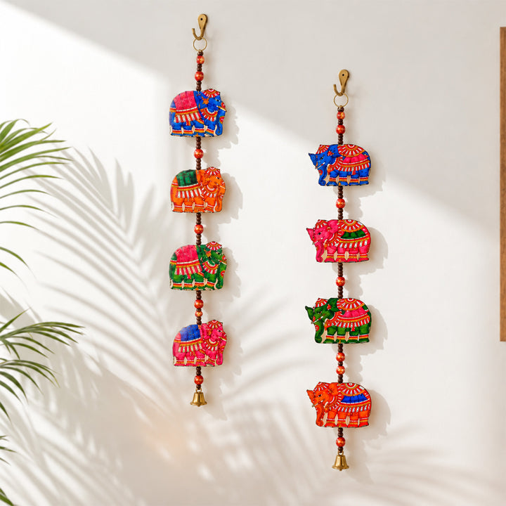 Colourful Stringed Parchment Leather Tholu Bommalata Elephants - Pack of 2