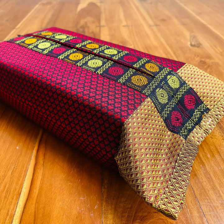 Handmade Red & Gold Rudraksha Design Khunn Fabric Cotton Tissue Box Cover