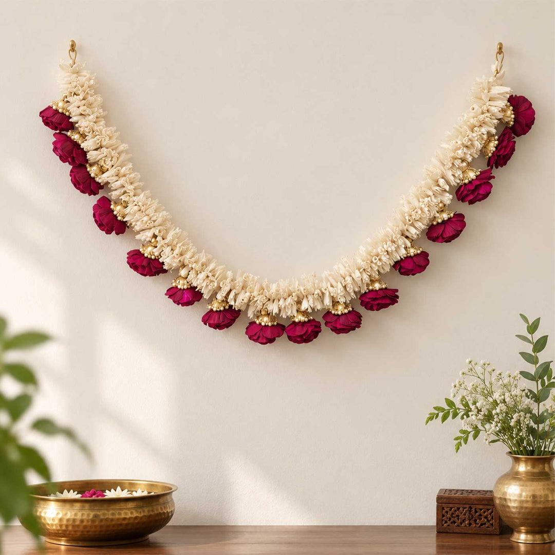 Handmade Gulab Rani Maroon & Ivory Sola Wood Rose Flower Toran with Gold Beads