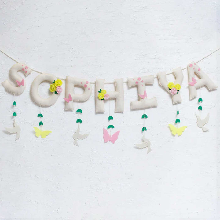 Personalized Birds And Butterflies Felt Bunting Garland For Kids - Front View Hanging Banner Display