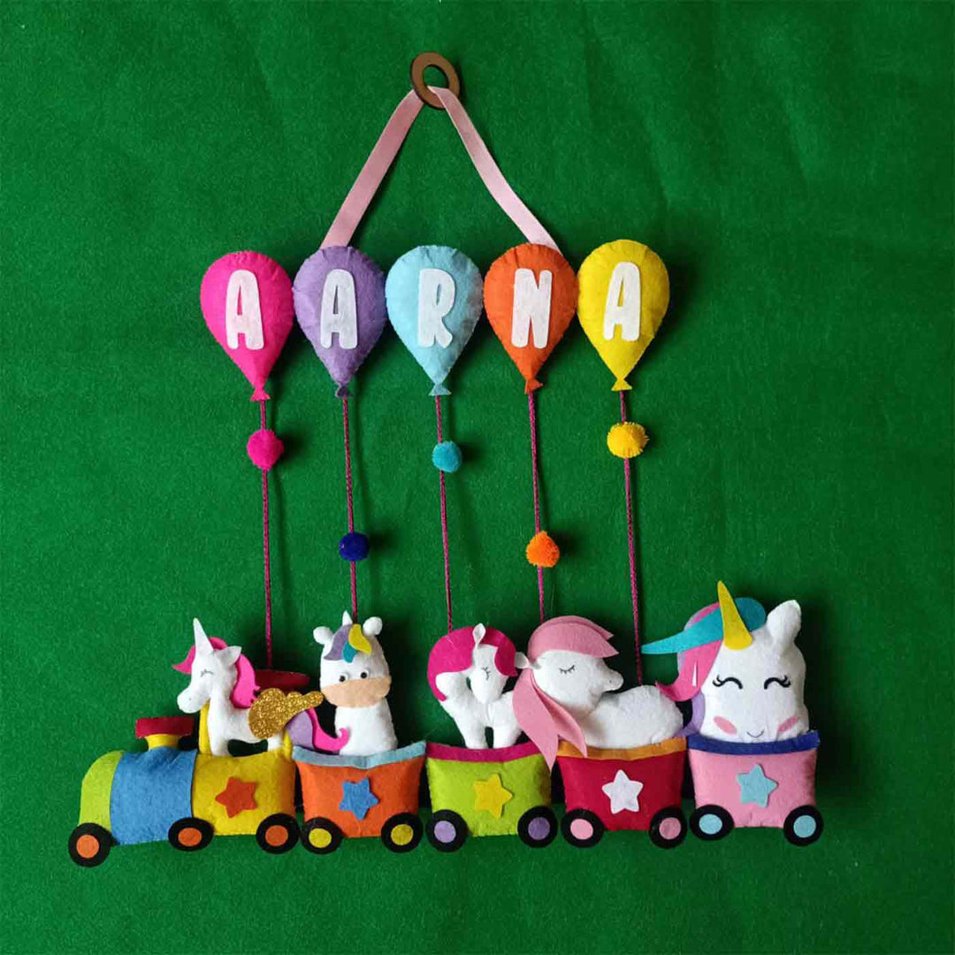 Handcrafted Personalized Felt Name Plate for Siblings | Unicorn Train with Balloons