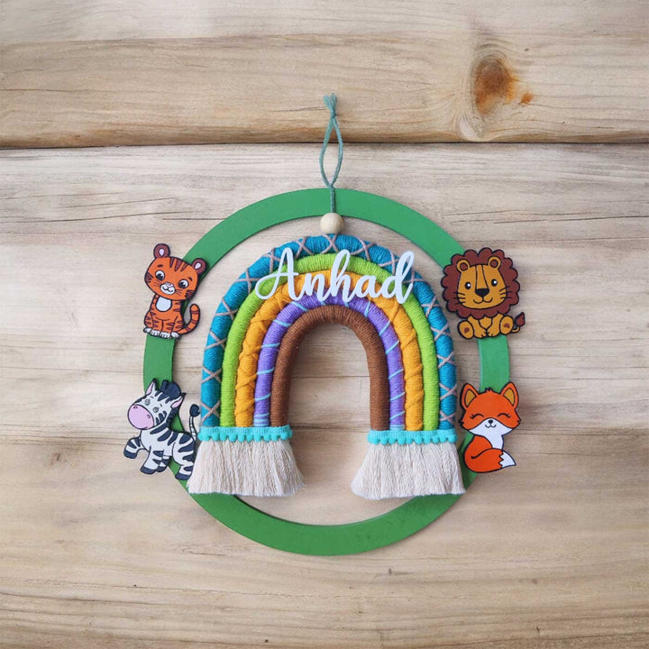 Personalized Handmade Macrame Jungle Ring And Rainbow Kids Name Plate With 3D Letters - Hanging Display with Name Personalization