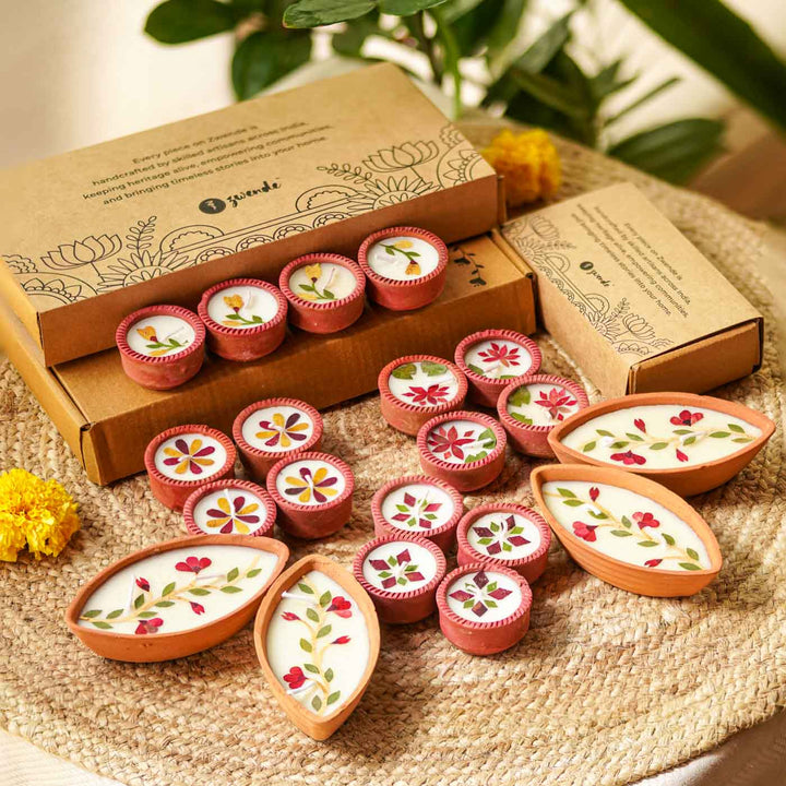 Set of 20 | Soy Wax & Dry Flower Terracota Festive Diyas | 4 Boat Diyas + 16 Round Diyas