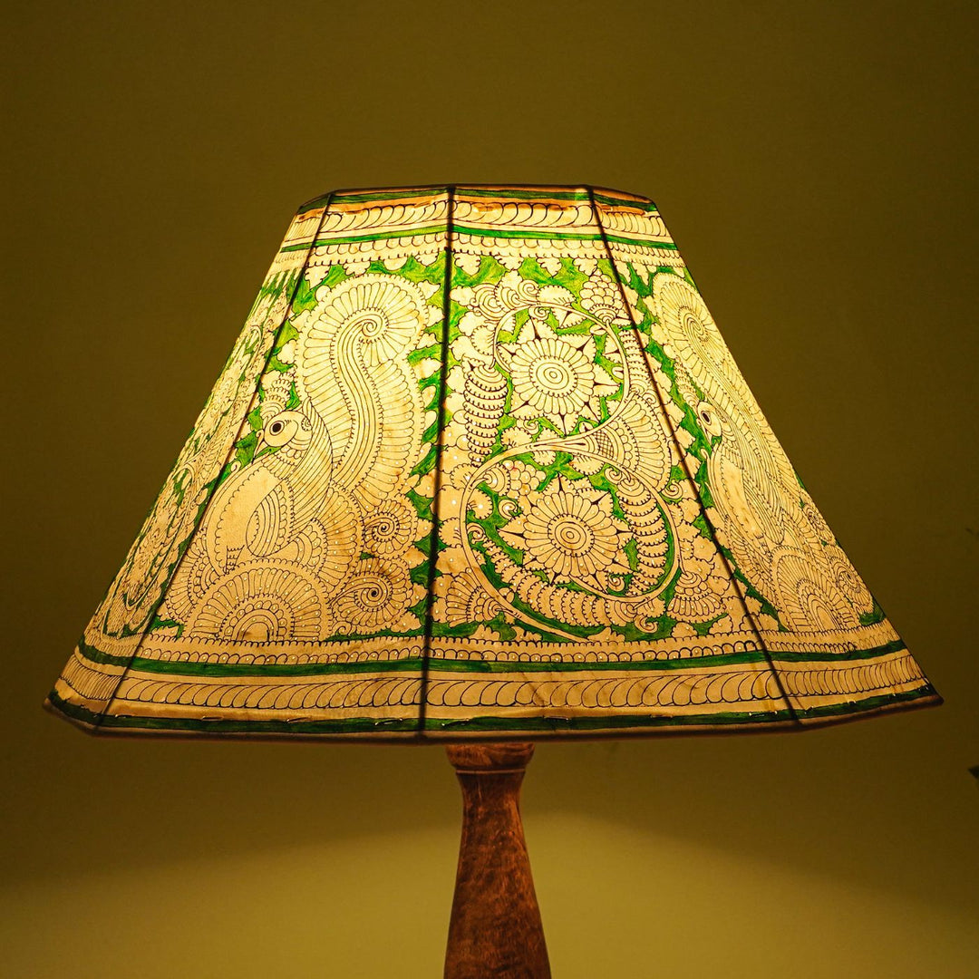 Green Floral Peacock Hand Painted Tholu Bommalata Lamp Shade | 16 inches