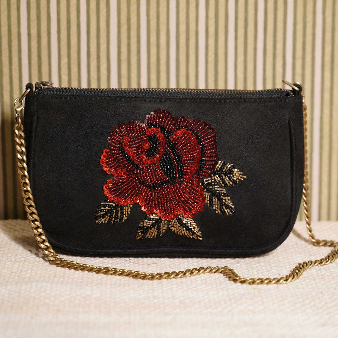 Hand Embroidered Rosette Black Baguette Bag