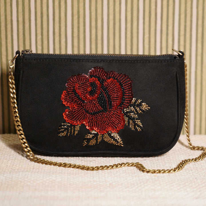 Hand Embroidered Rosette Black Baguette Bag