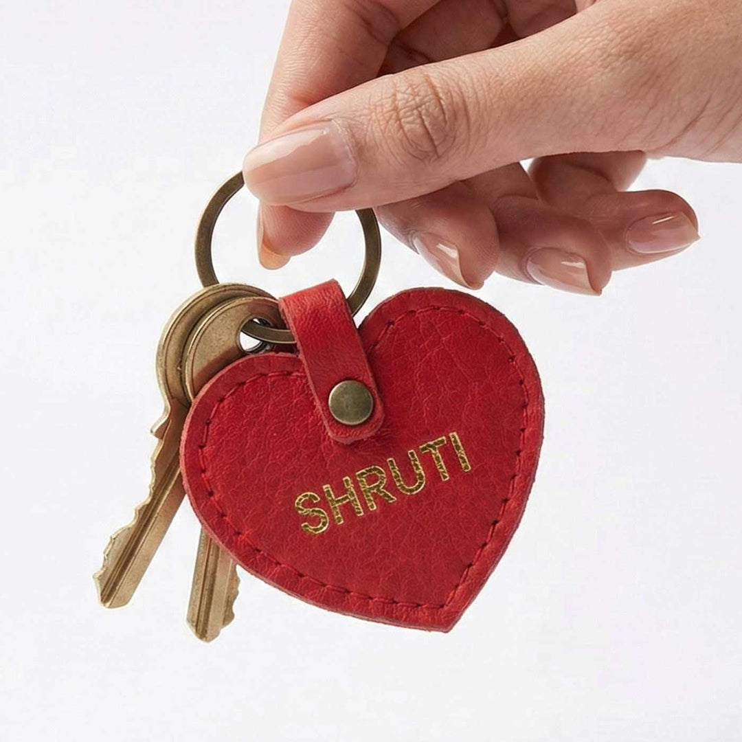 Heart Shaped Red Leather Personalized Keychain