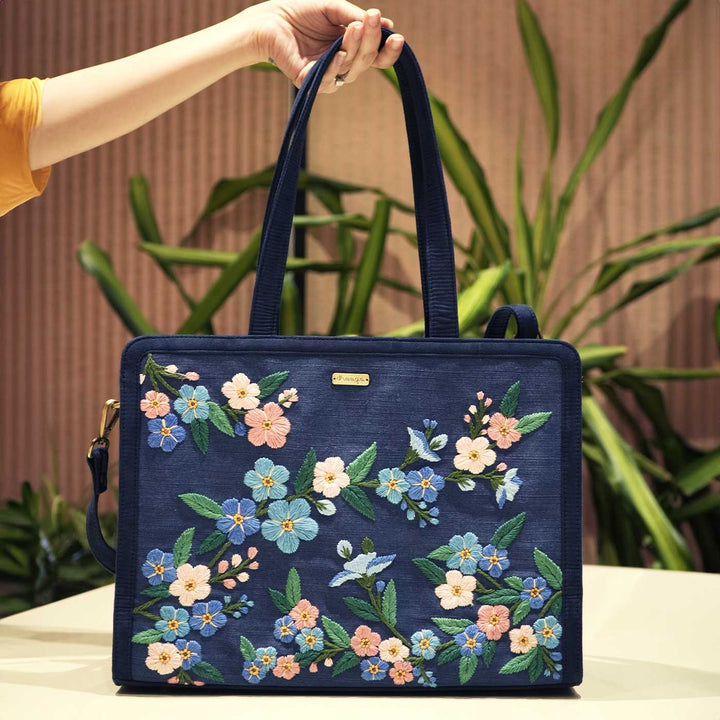 Personalized Hand Embroidered Blue Floral Tote Bag