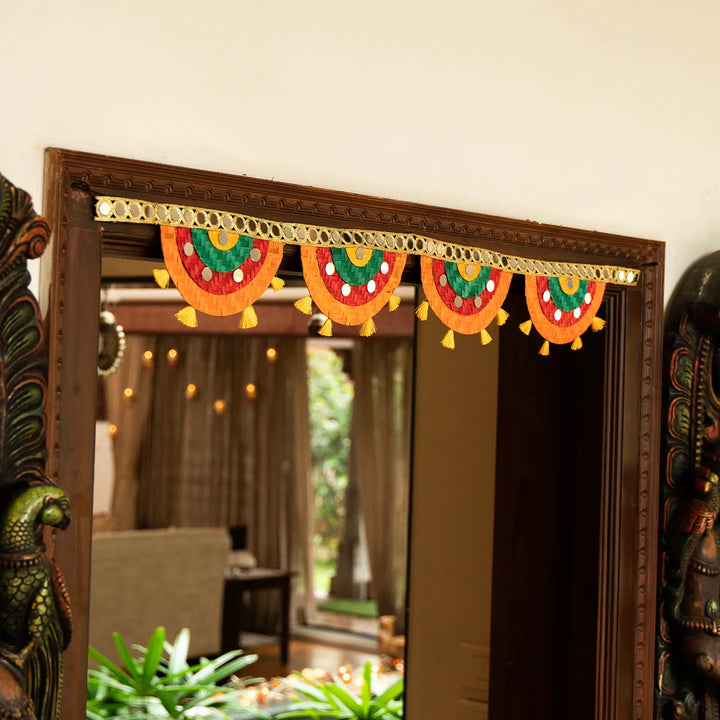 Multicoloured Mirror Embellished Eco-Friendly Handmade Woven Bamboo Toran | 41 Inch x 4 Inch