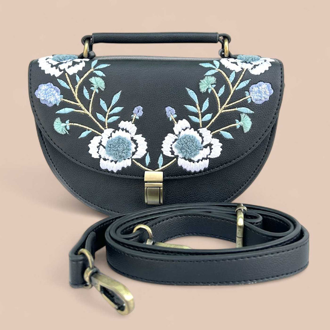 Handmade Embroidered Flower Design Black Rexine Sling Bag