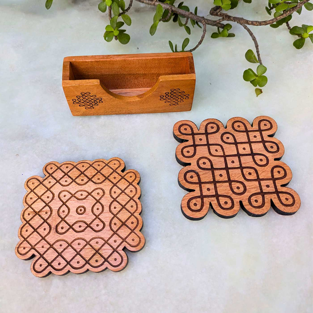 2 pc | Engraved Mahogany Wood Square Kolam Coasters With Holder For Coffee Table & Dining Decor