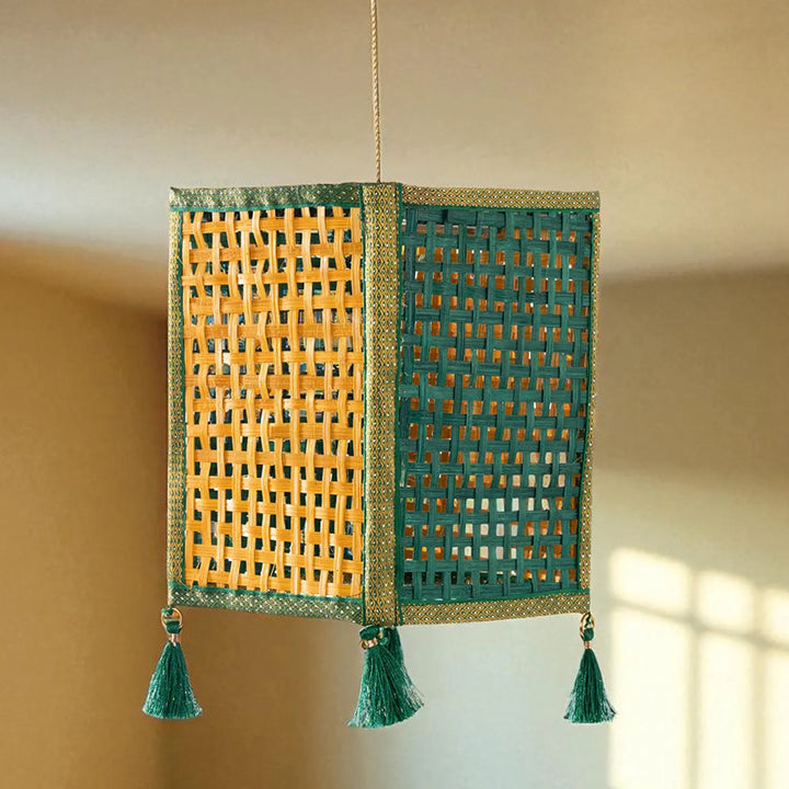 Golden & Green Zari Border Handmade Woven Bamboo Square Hanging Lampshade