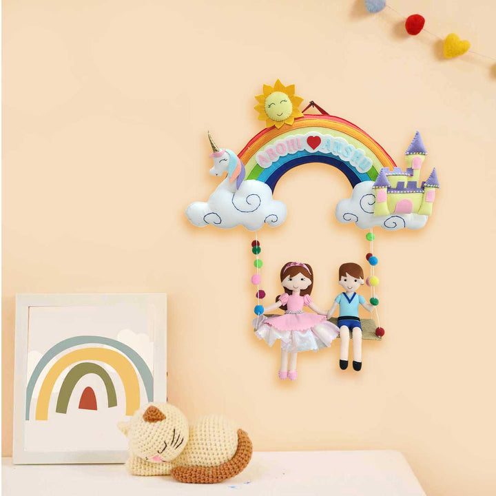 Personalized Rainbow Theme Felt Kids Name Plate For Siblings