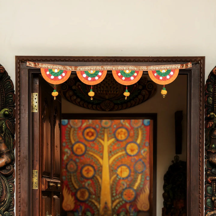 Multicoloured Mirror & Marigold Embellished Eco-Friendly Handmade Woven Bamboo Toran | 41 Inch x 7 Inch