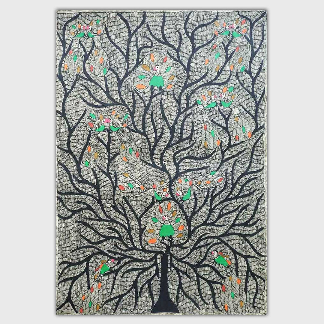 22 x 30 Inch | Peacock Tree | Original Hand Painted Madhubani Painting | Natural Pigments On Paper