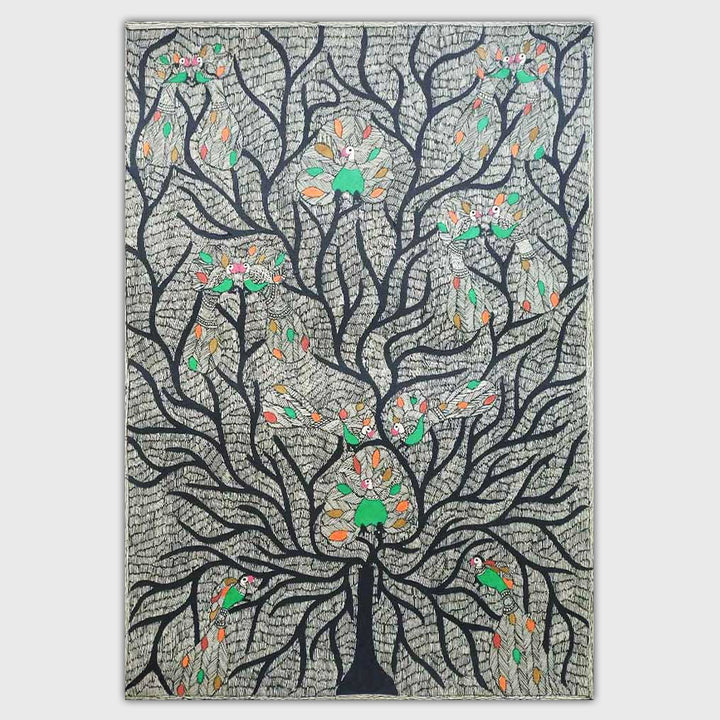 22 x 30 Inch | Peacock Tree | Original Hand Painted Madhubani Painting | Natural Pigments On Paper