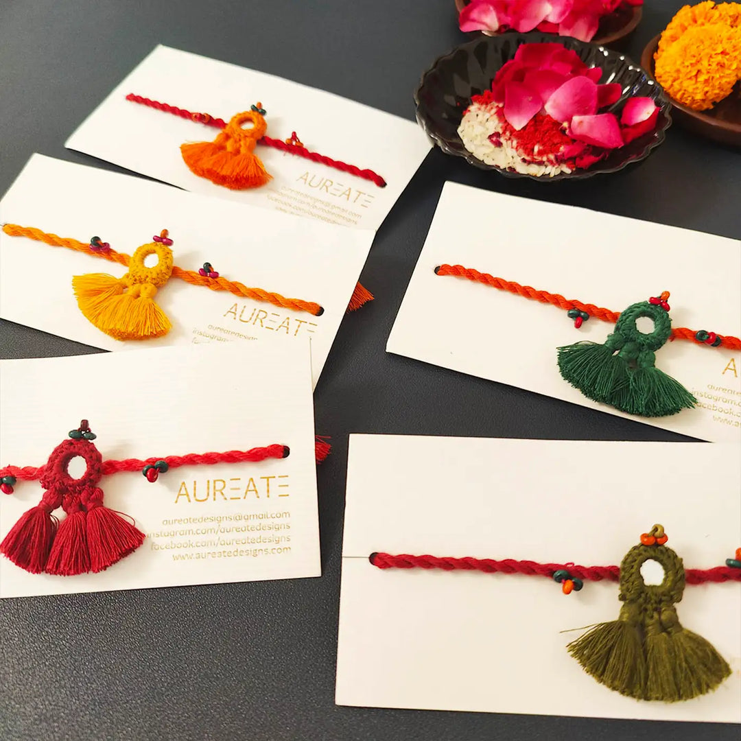 Handmade Mirror Work & Tassels Rakhi With Roli Chawal