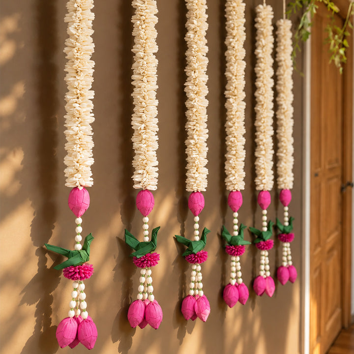 Handmade Magenta Majestic Shola Flower Hangings | Set Of 5
