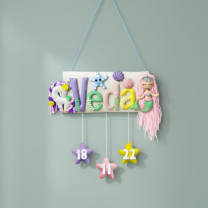 Handcrafted Mermaid & Unicorn Themed Rectangle Felt Name Plate for Kids