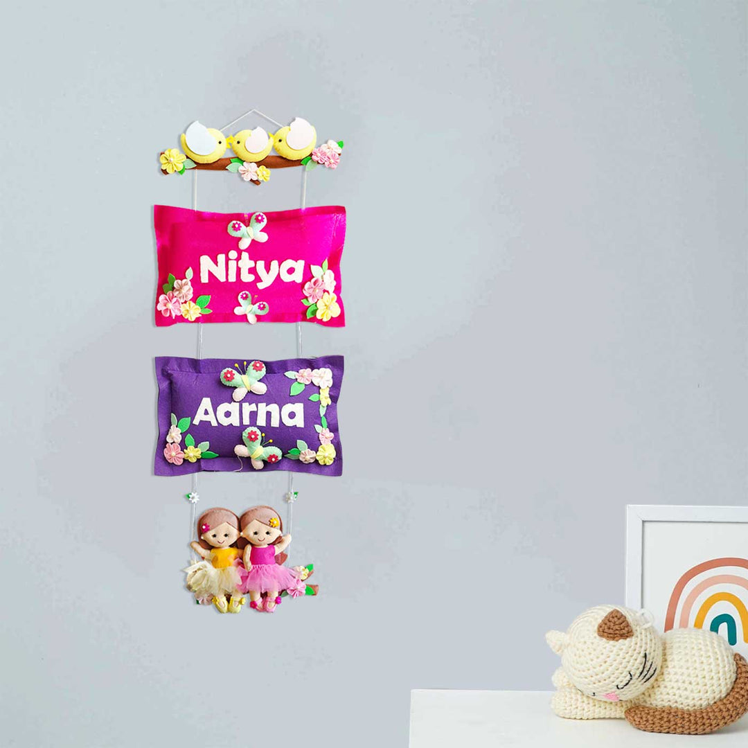 Hand Stitched Pillow Bird Themed Felt Kids Nameplate With Swing For Siblings 1 - Hanging Wall Decoration Display